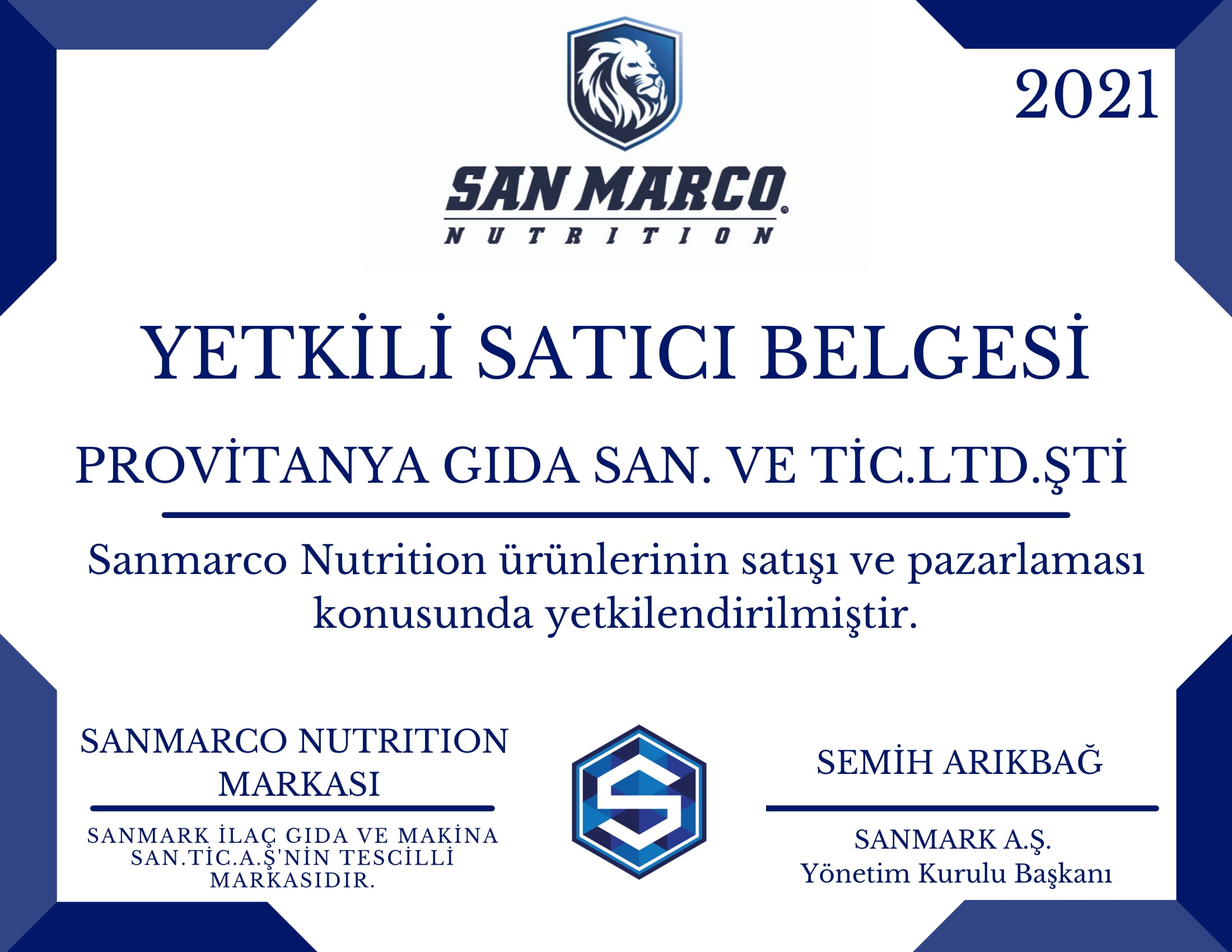 Sanmacro Nutrition Yetkili Satıcı Belgesi